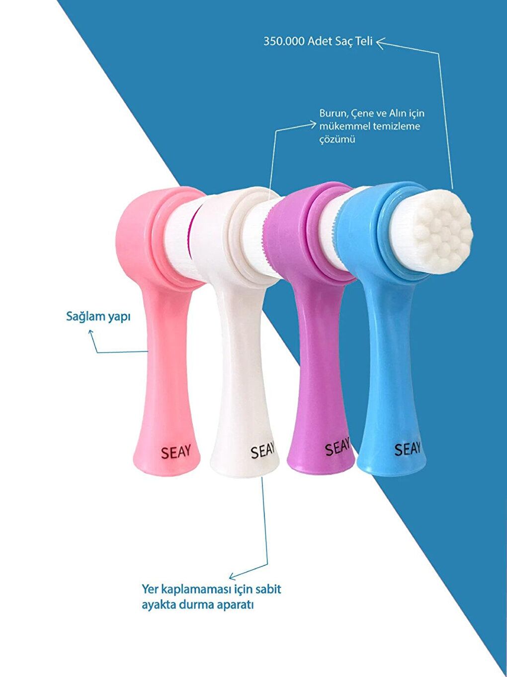 Çift Taraflı Yüz Temizleme Masaj Fırçası 350.000 Adet Saç Teli Mavi-3