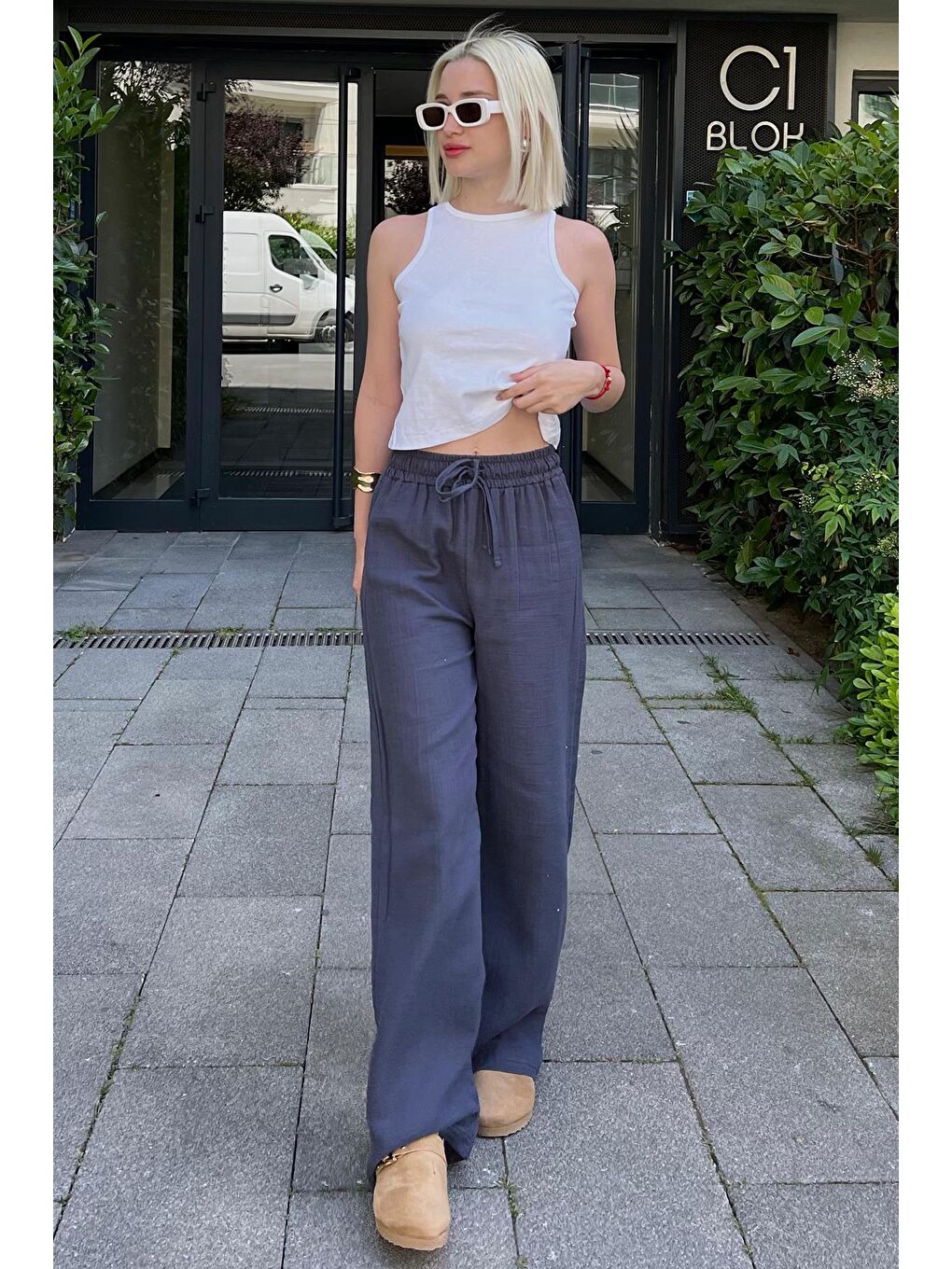 Gri Füme Bol Paça Müslin Kadın Pantolon Mg1980-4