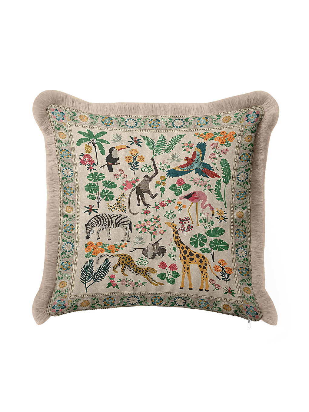 Karışık Tropikal Hayvanlar Saçaklı Yastık Kılıfı - Jungle Tema Bohem Yeşil Gold Püsküllü Kırlent Kılıfı-2