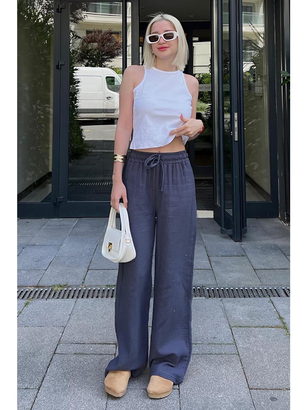 Gri Füme Bol Paça Müslin Kadın Pantolon Mg1980-5