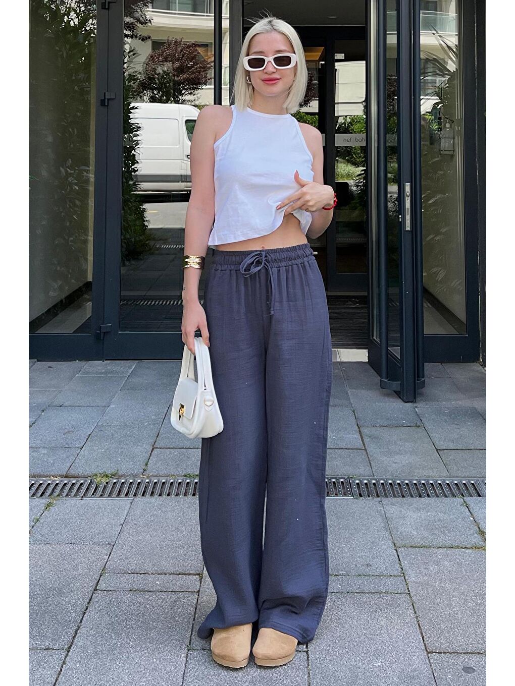 Gri Füme Bol Paça Müslin Kadın Pantolon Mg1980-6