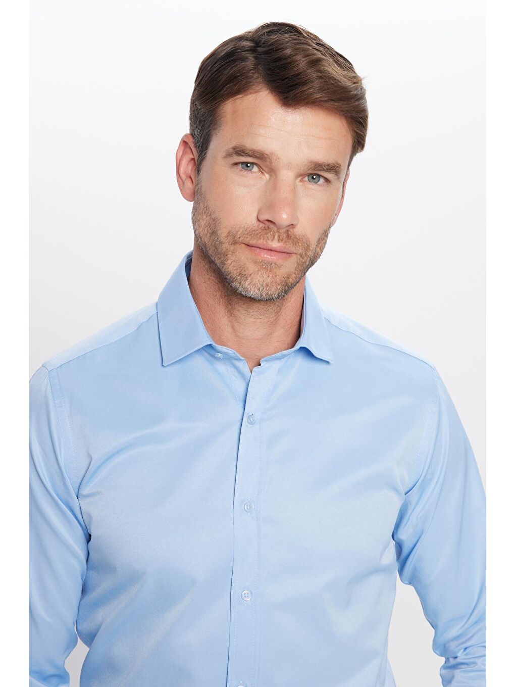 Erkek Modern Slim Fit Düz Saten Pamuklu Mavi Gömlek