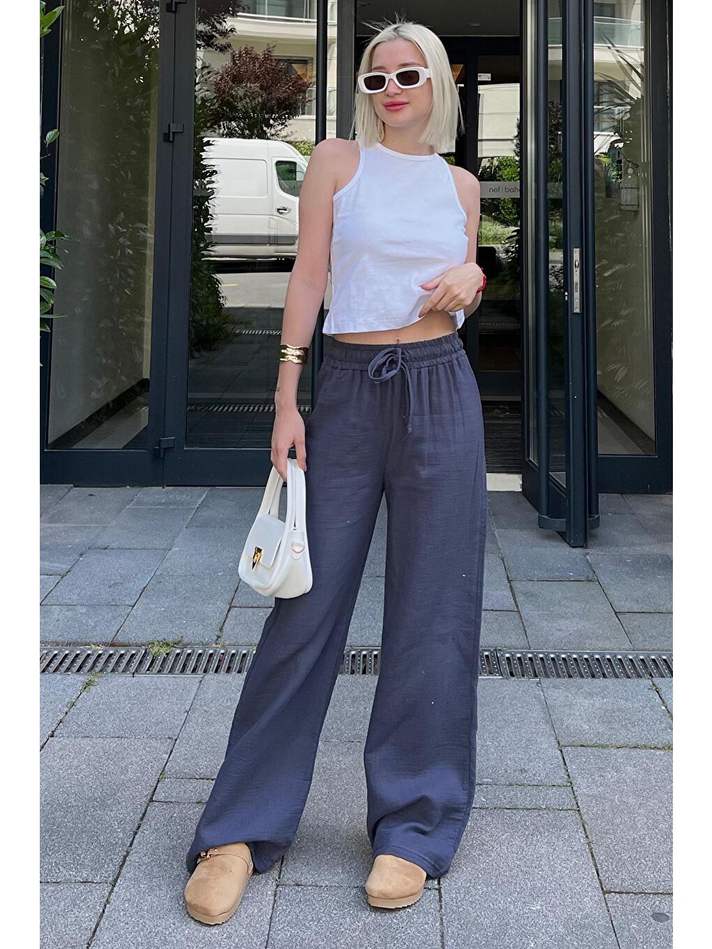 Gri Füme Bol Paça Müslin Kadın Pantolon Mg1980-7