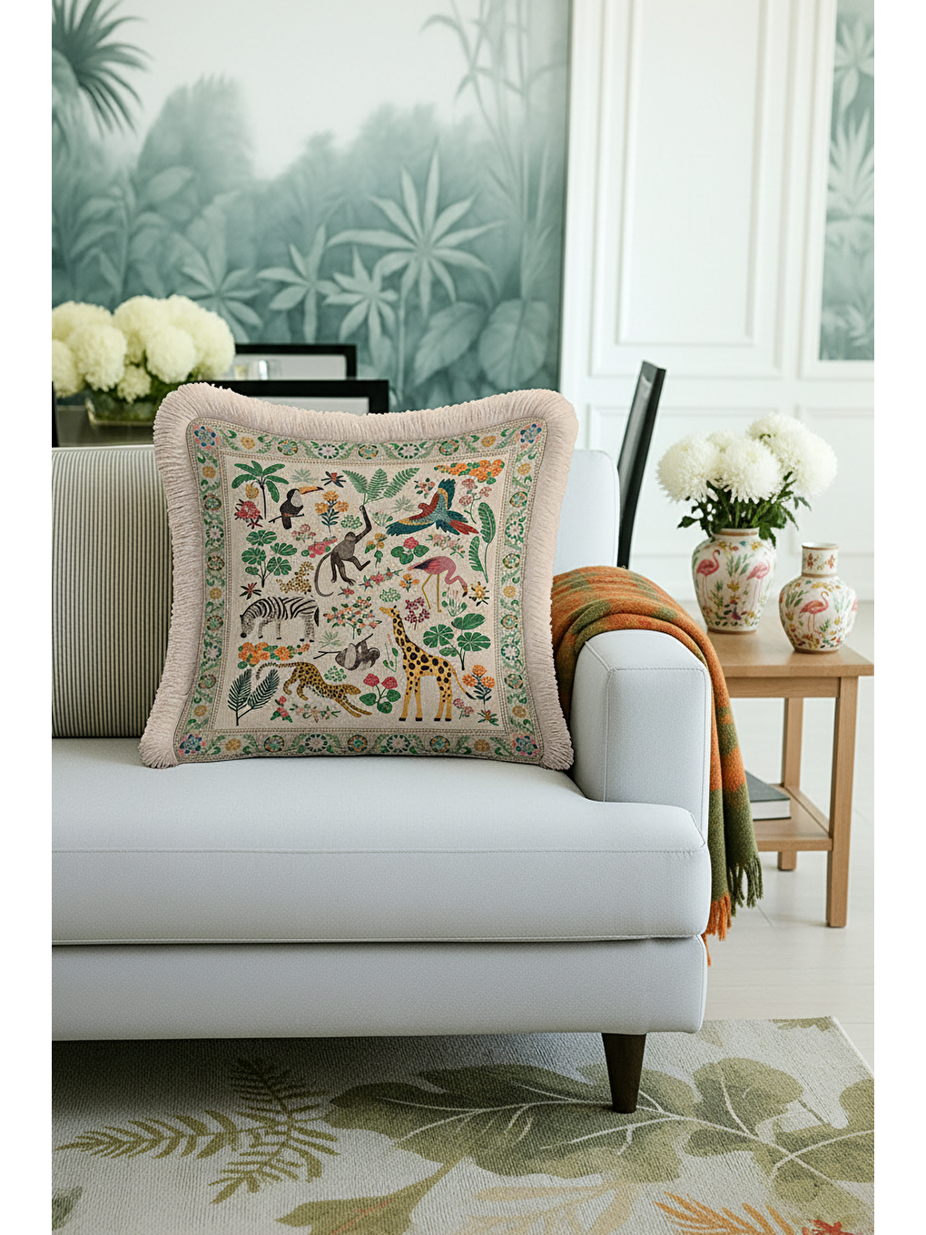 Karışık Tropikal Hayvanlar Saçaklı Yastık Kılıfı - Jungle Tema Bohem Yeşil Gold Püsküllü Kırlent Kılıfı-3