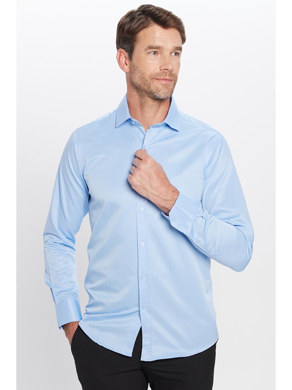 Erkek Modern Slim Fit Düz Saten Pamuklu Mavi Gömlek-1