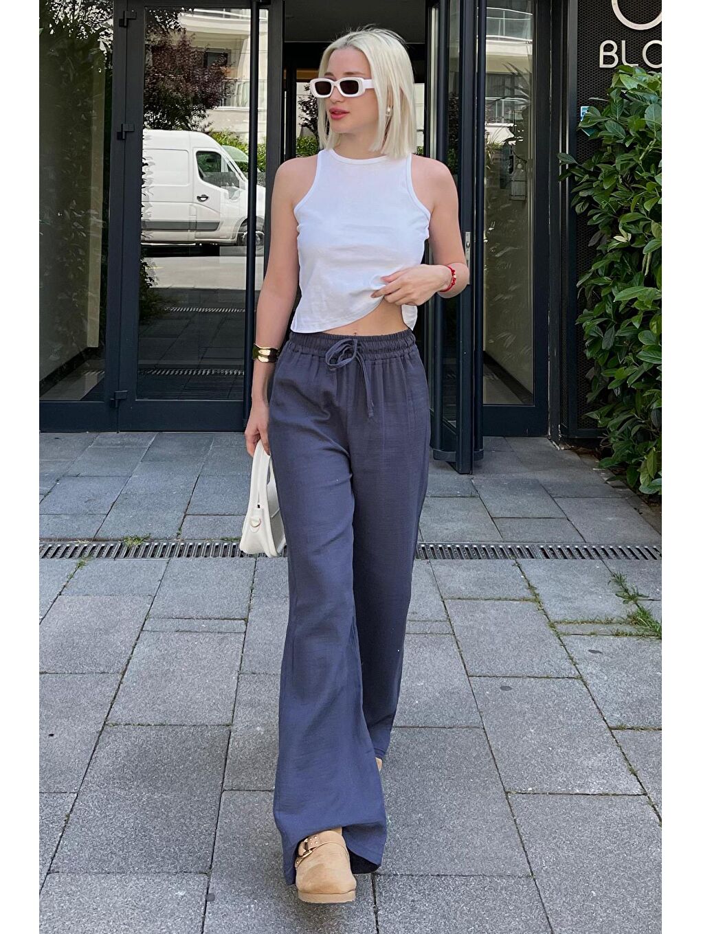 Gri Füme Bol Paça Müslin Kadın Pantolon Mg1980-8