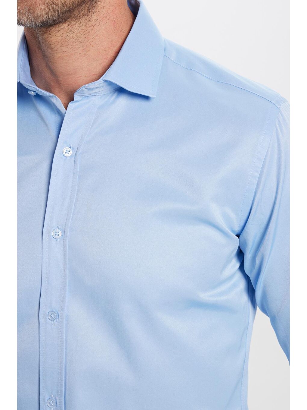 Erkek Modern Slim Fit Düz Saten Pamuklu Mavi Gömlek-2