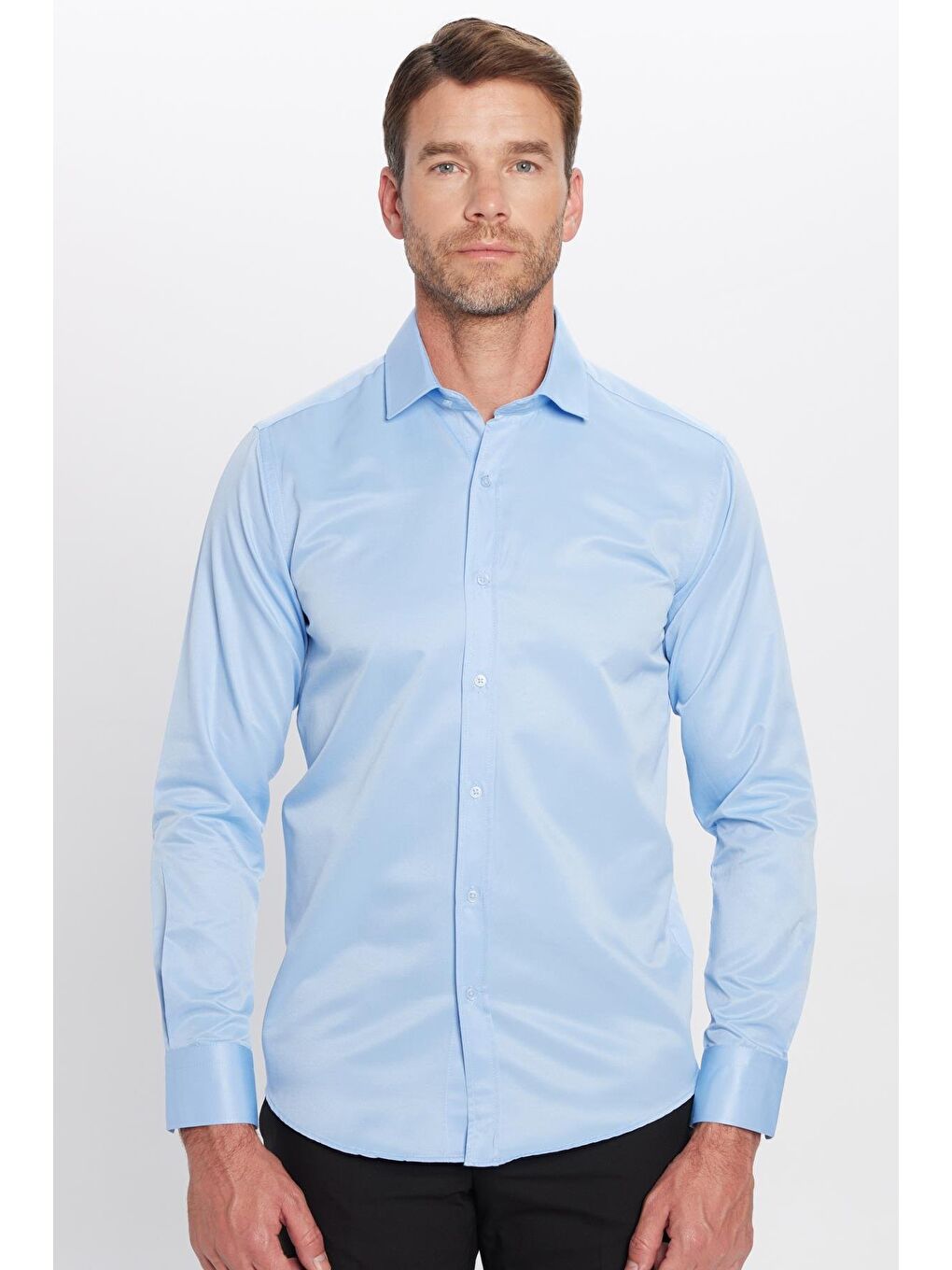 Erkek Modern Slim Fit Düz Saten Pamuklu Mavi Gömlek-3