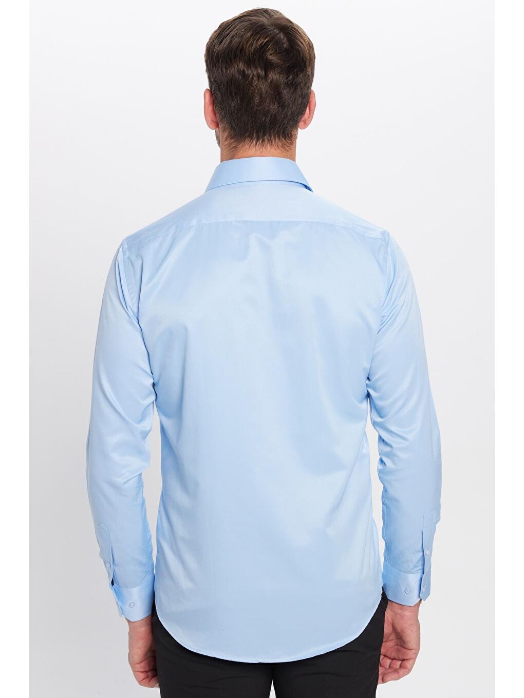 Erkek Modern Slim Fit Düz Saten Pamuklu Mavi Gömlek-4
