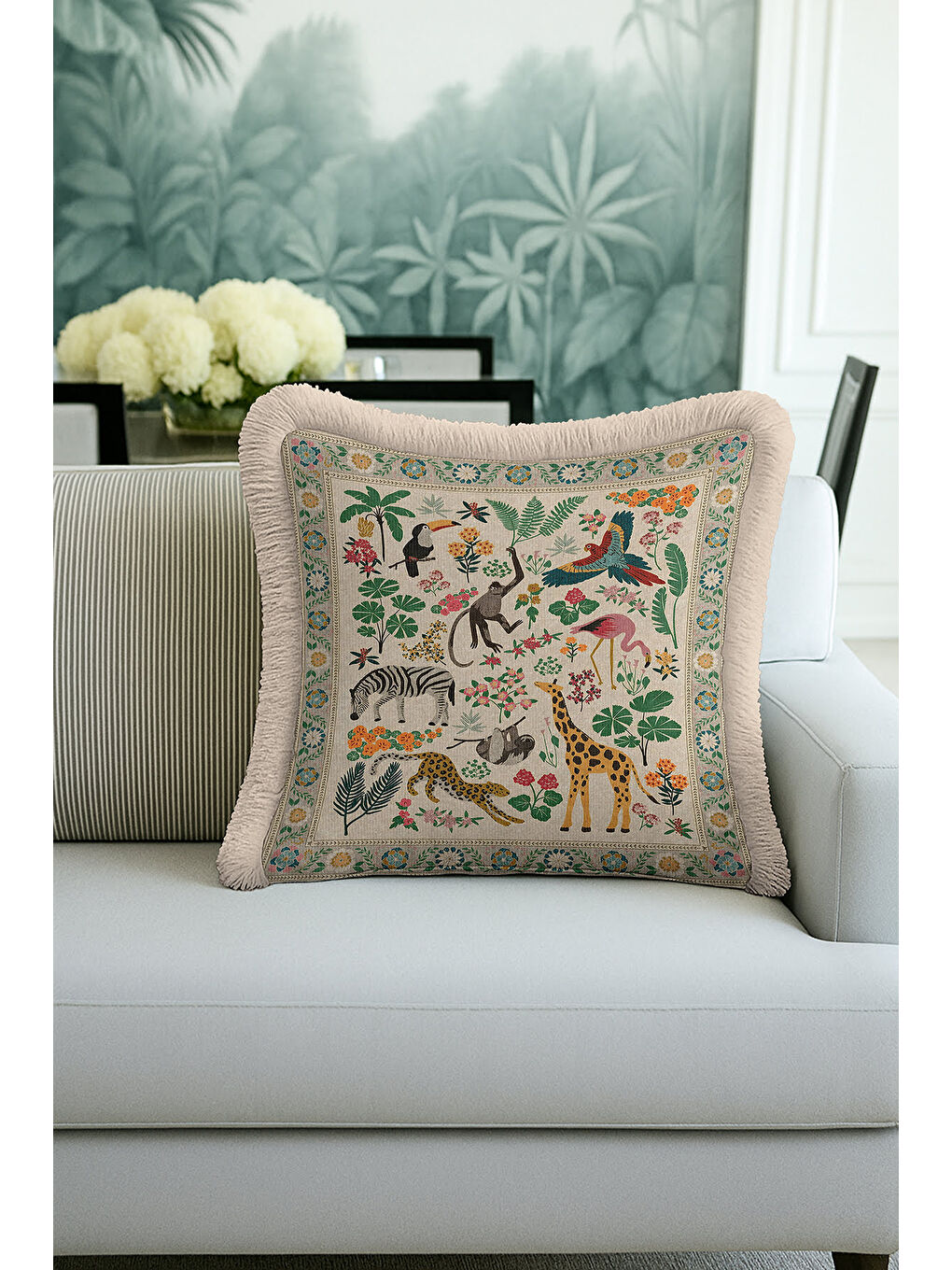 Karışık Tropikal Hayvanlar Saçaklı Yastık Kılıfı - Jungle Tema Bohem Yeşil Gold Püsküllü Kırlent Kılıfı-4