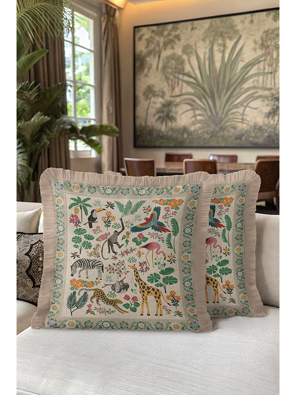 Karışık Tropikal Hayvanlar Saçaklı Yastık Kılıfı - Jungle Tema Bohem Yeşil Gold Püsküllü Kırlent Kılıfı-5