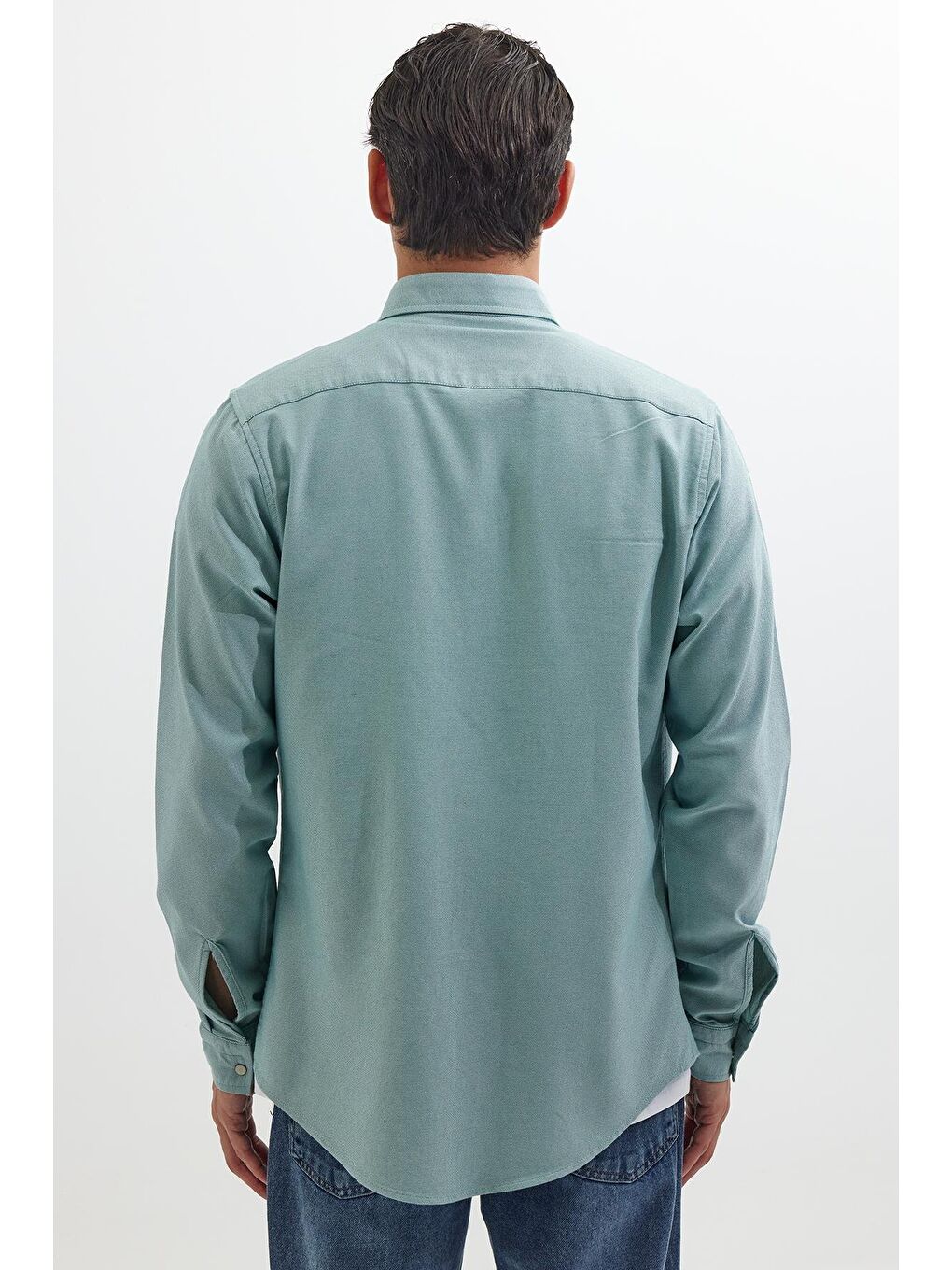 Yeşil Slim Fit Uzun Kollu Spor Yaka Yıkamalı Çift Cepli Armürlü Denim Jean Mint Erkek Gömlek-6
