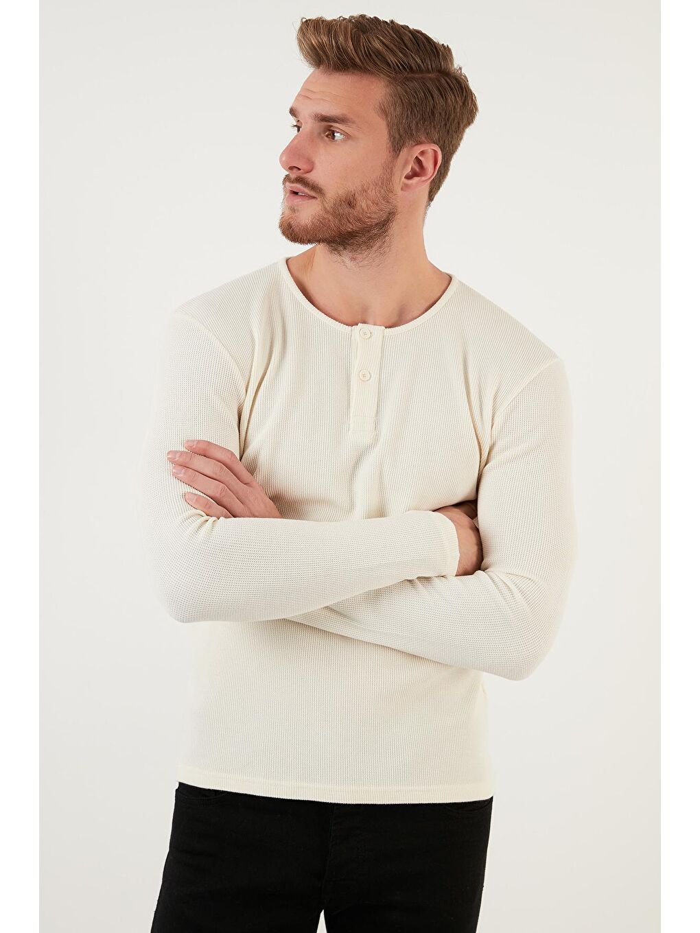 Ekru Pamuklu Düğme Detaylı Bisiklet Yaka Sweat 5905070-2