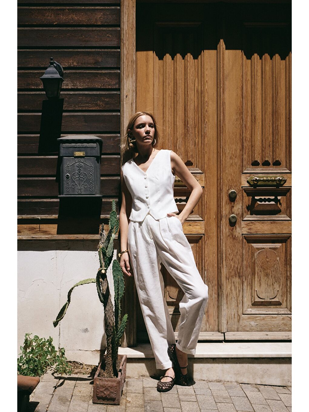 Salaş Keten Pantolon - Ekru-1