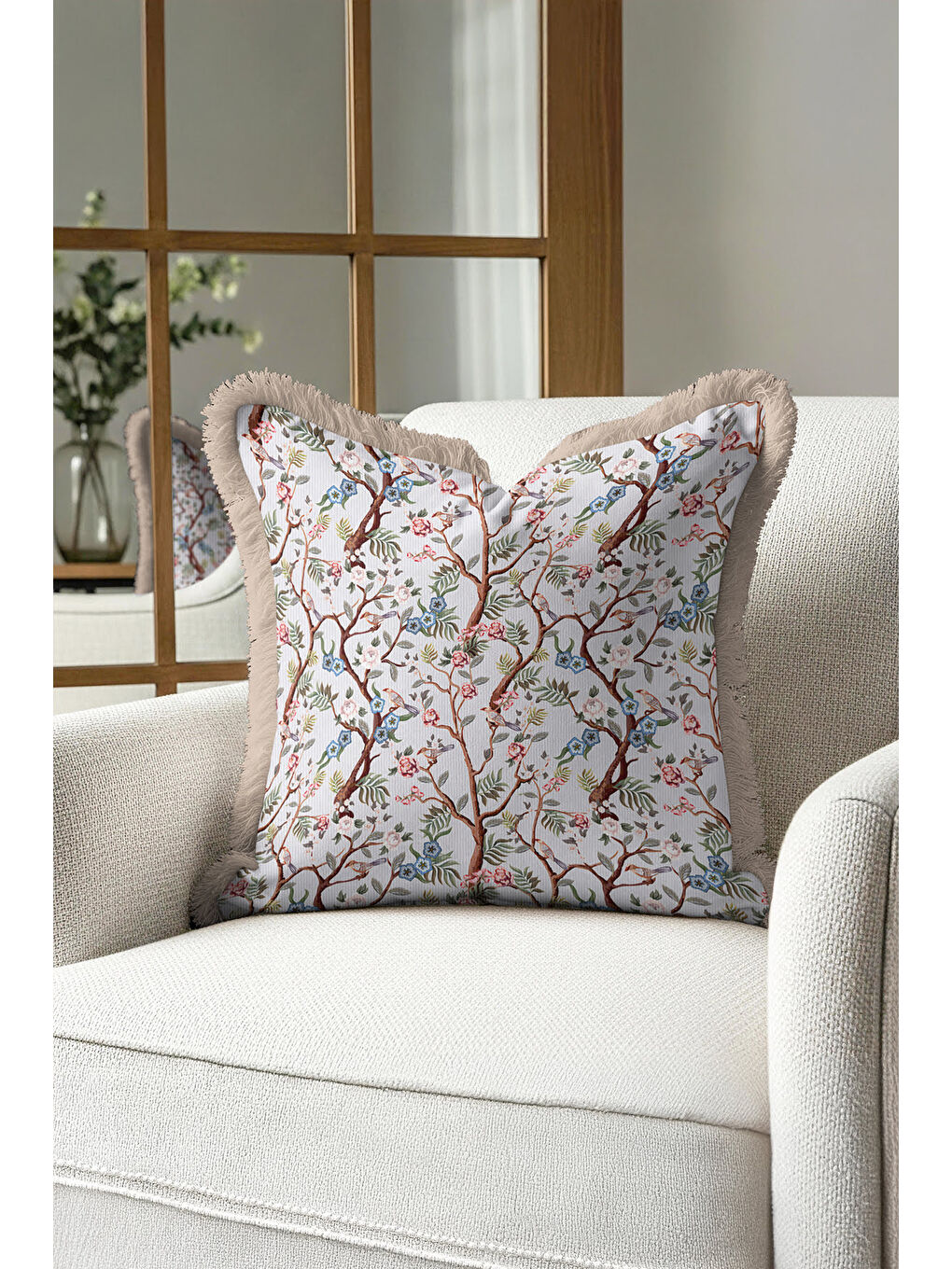 Karışık Çiçekli Kuş Motifli Saçaklı Yastık Kılıfı - Vintage Doğa Temalı Mavi Bej Püsküllü Kırlent Kılıfı