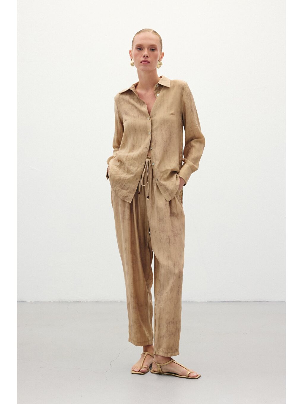 Kahverengi Batık Desenli Pantolon - Camel-1