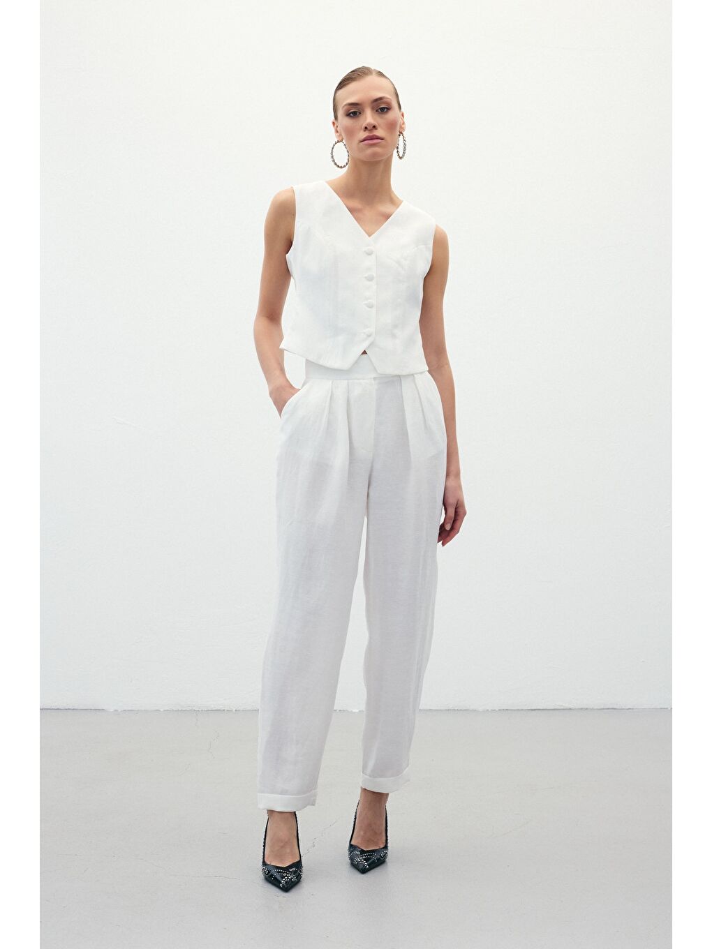 Salaş Keten Pantolon - Ekru-3