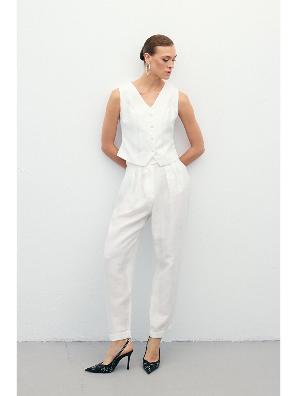 Salaş Keten Pantolon - Ekru-4