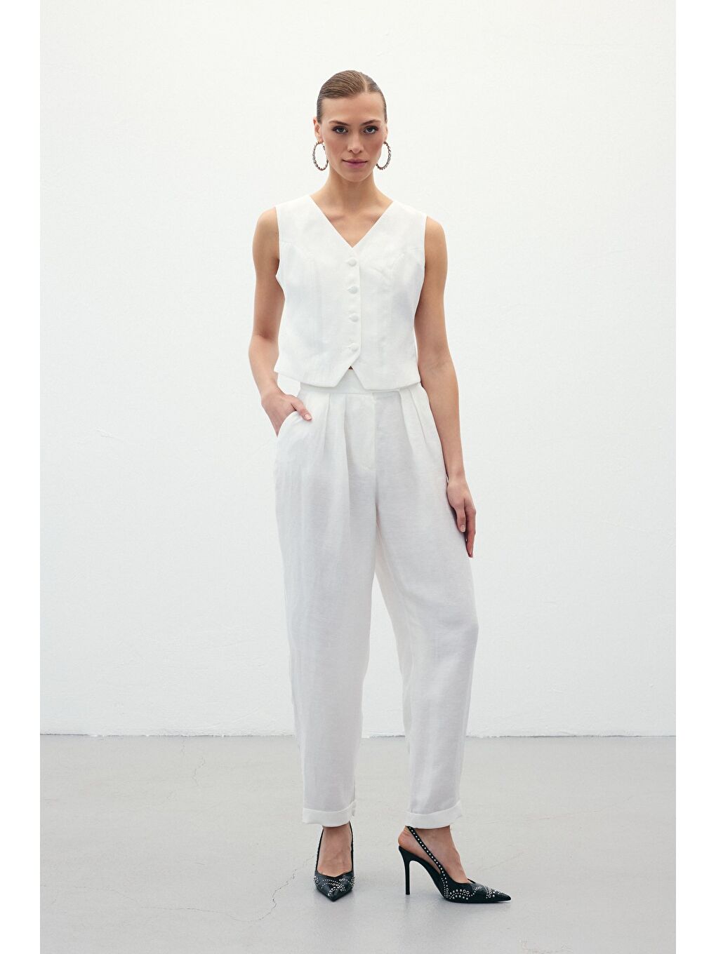 Salaş Keten Pantolon - Ekru-5