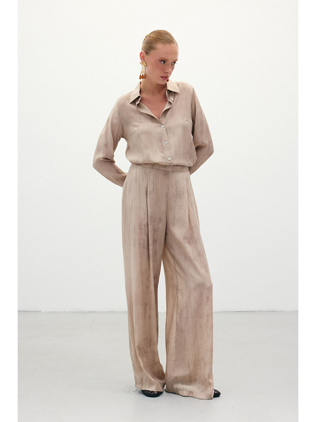 Desenli Salaş Pantolon - Bej-1