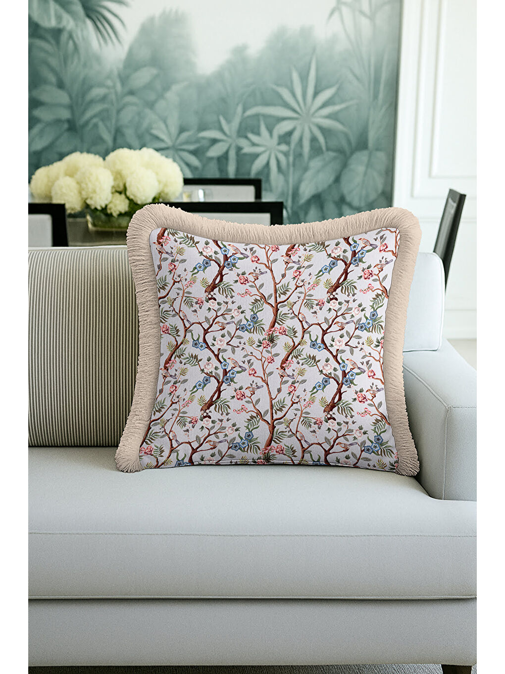 Karışık Çiçekli Kuş Motifli Saçaklı Yastık Kılıfı - Vintage Doğa Temalı Mavi Bej Püsküllü Kırlent Kılıfı-1