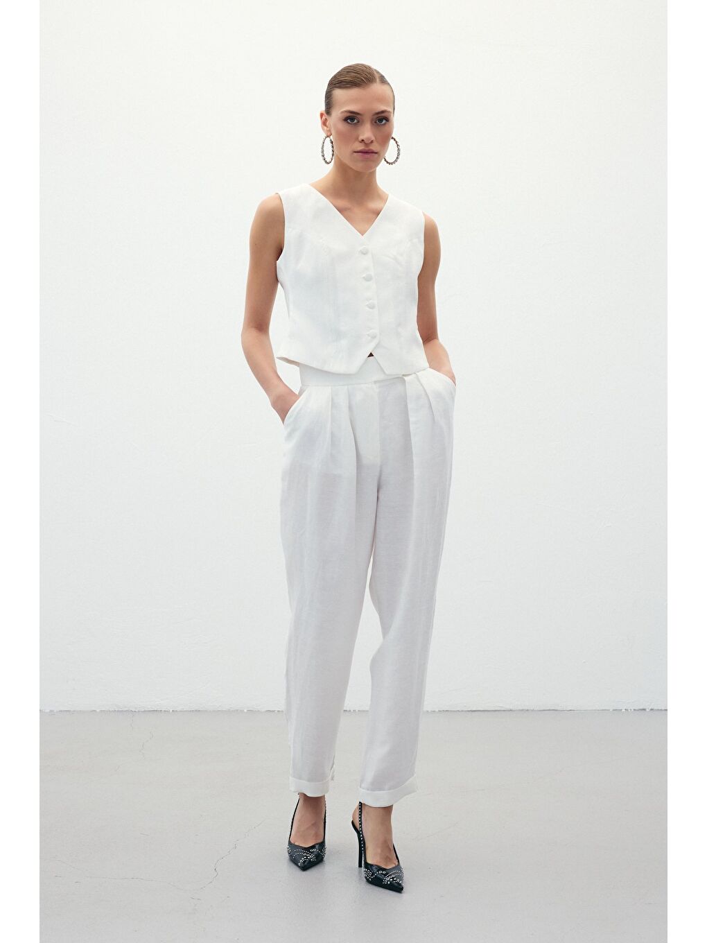 Salaş Keten Pantolon - Ekru-8