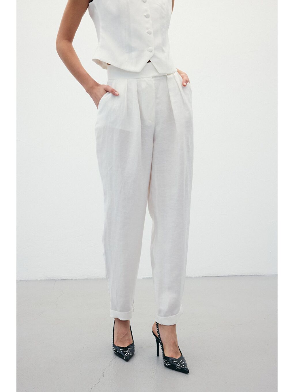 Salaş Keten Pantolon - Ekru-9