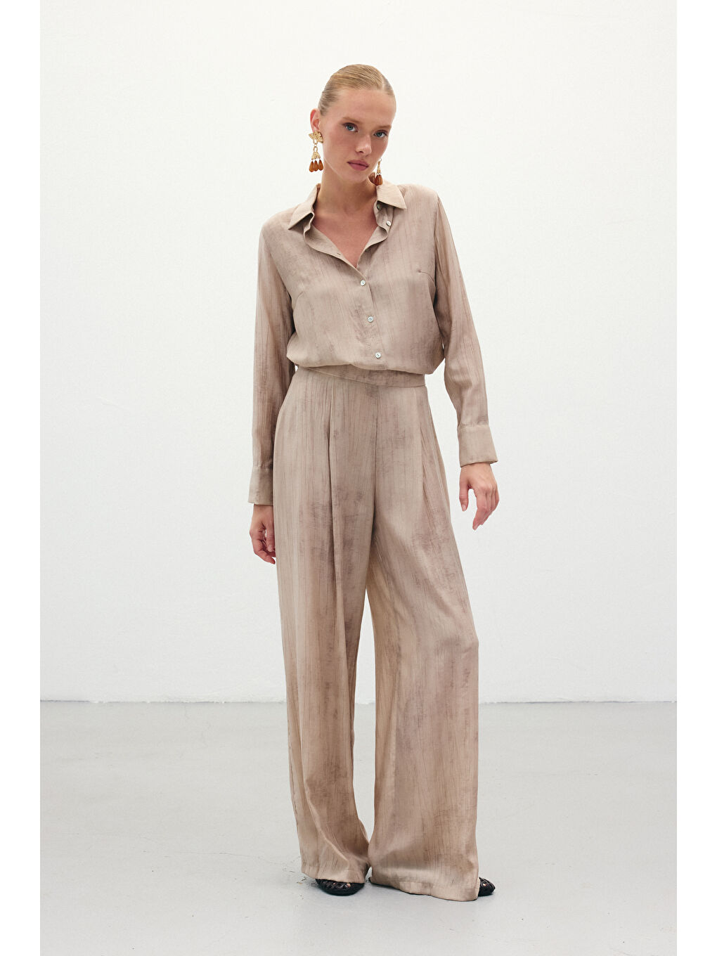 Desenli Salaş Pantolon - Bej-2