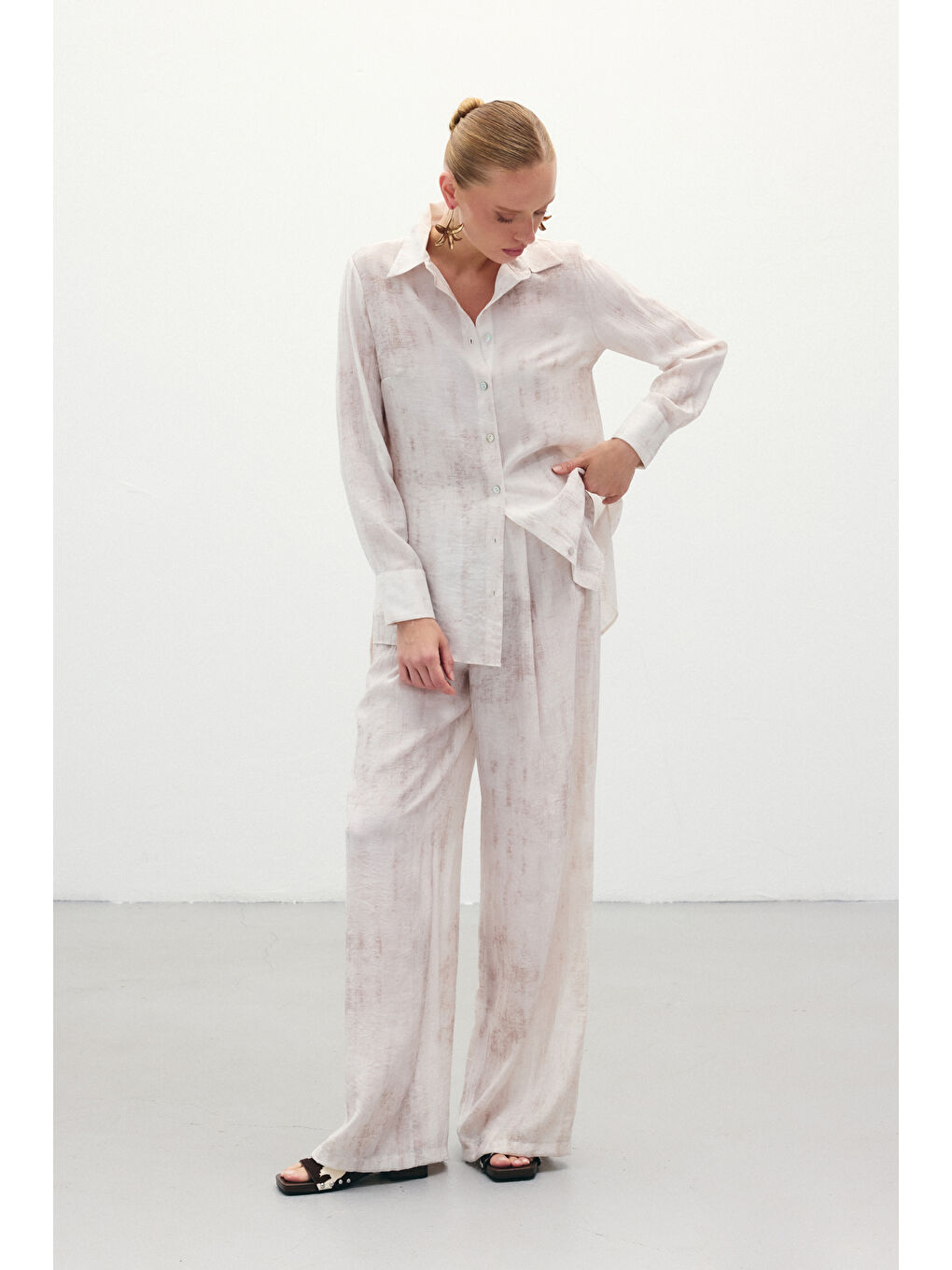 Bej Desenli Salaş Pantolon - Taş-1