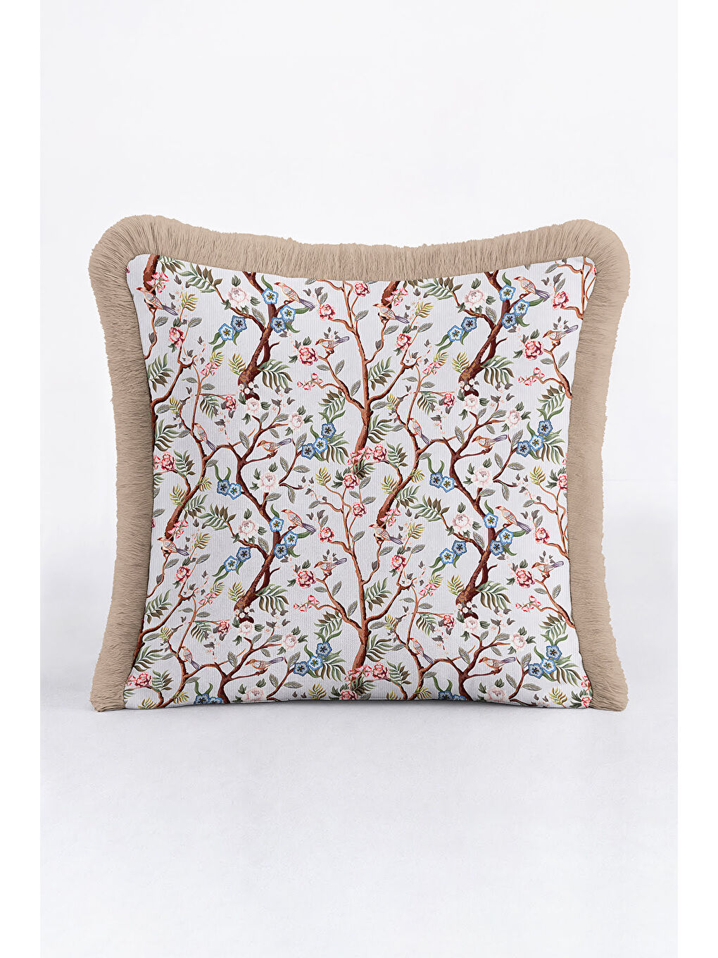Karışık Çiçekli Kuş Motifli Saçaklı Yastık Kılıfı - Vintage Doğa Temalı Mavi Bej Püsküllü Kırlent Kılıfı-2