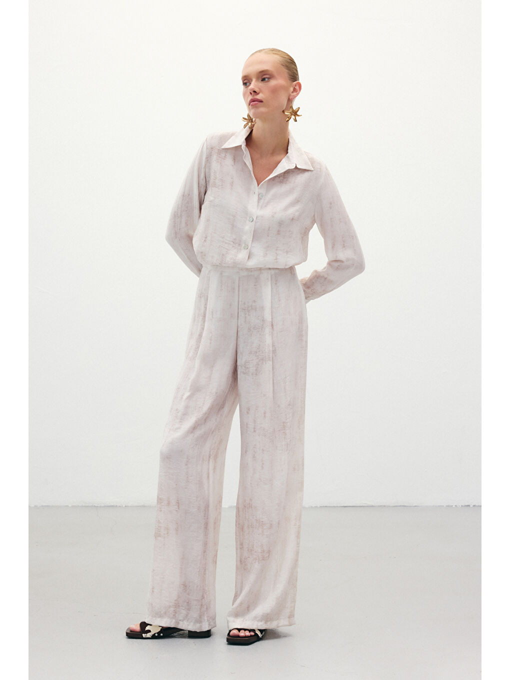 Bej Desenli Salaş Pantolon - Taş-2