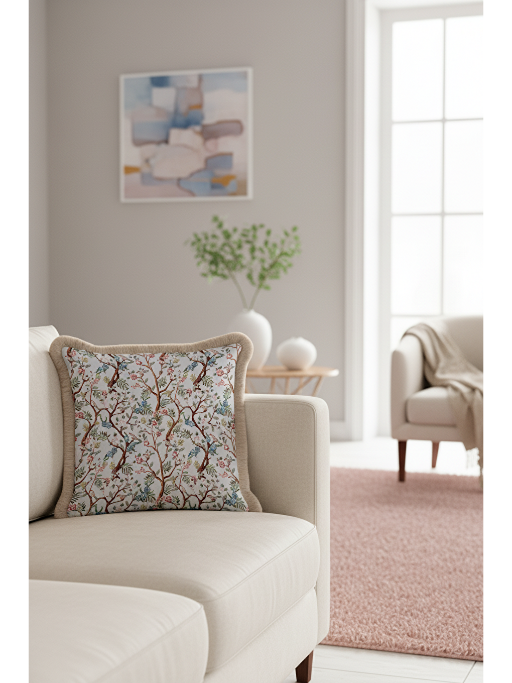 Karışık Çiçekli Kuş Motifli Saçaklı Yastık Kılıfı - Vintage Doğa Temalı Mavi Bej Püsküllü Kırlent Kılıfı-3