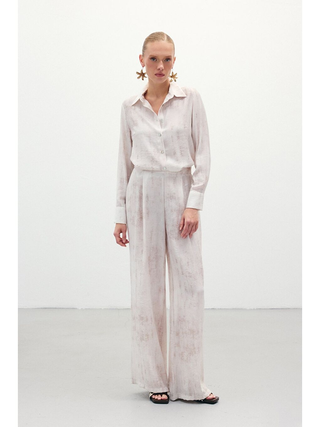 Bej Desenli Salaş Pantolon - Taş-4