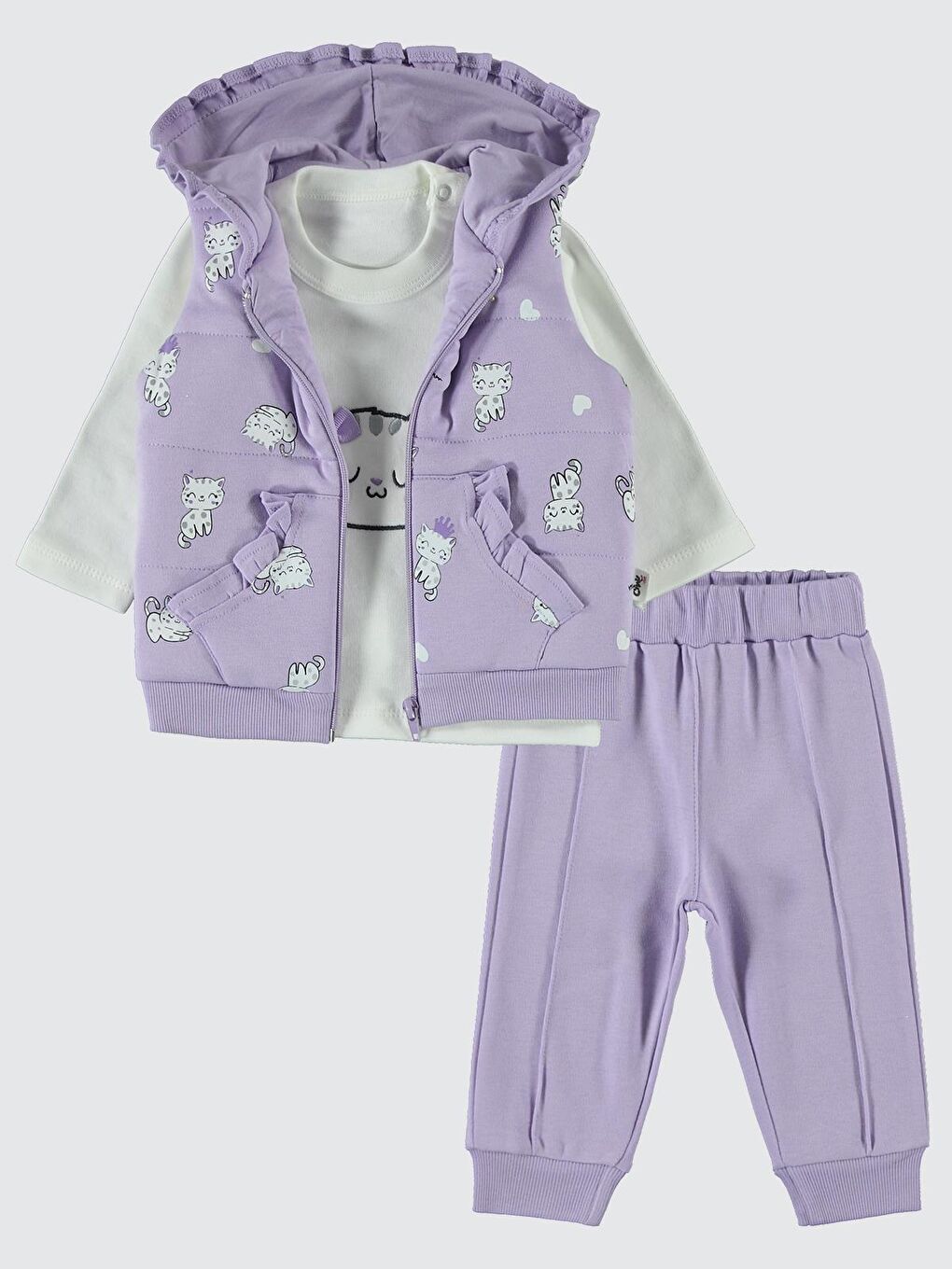 Baby Kedi Nakışlı 3 lü 6-18 Ay Takım - Lila 9-12 Ay-1
