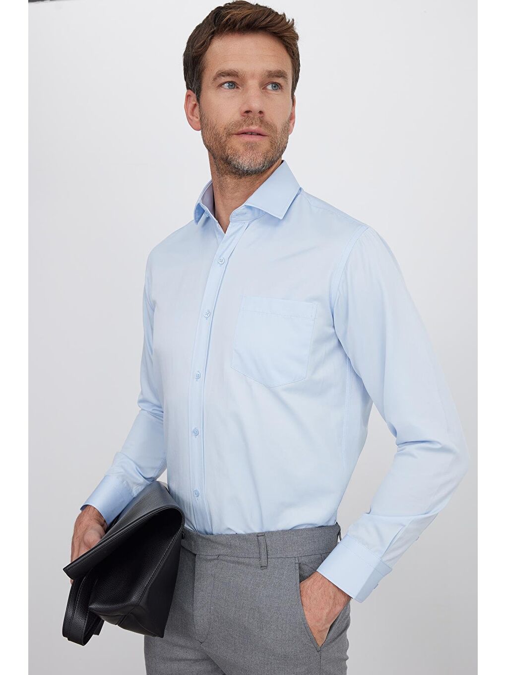 Erkek Regular Fit Klasik Kesim Pamuklu Düz Mavi Gömlek-4