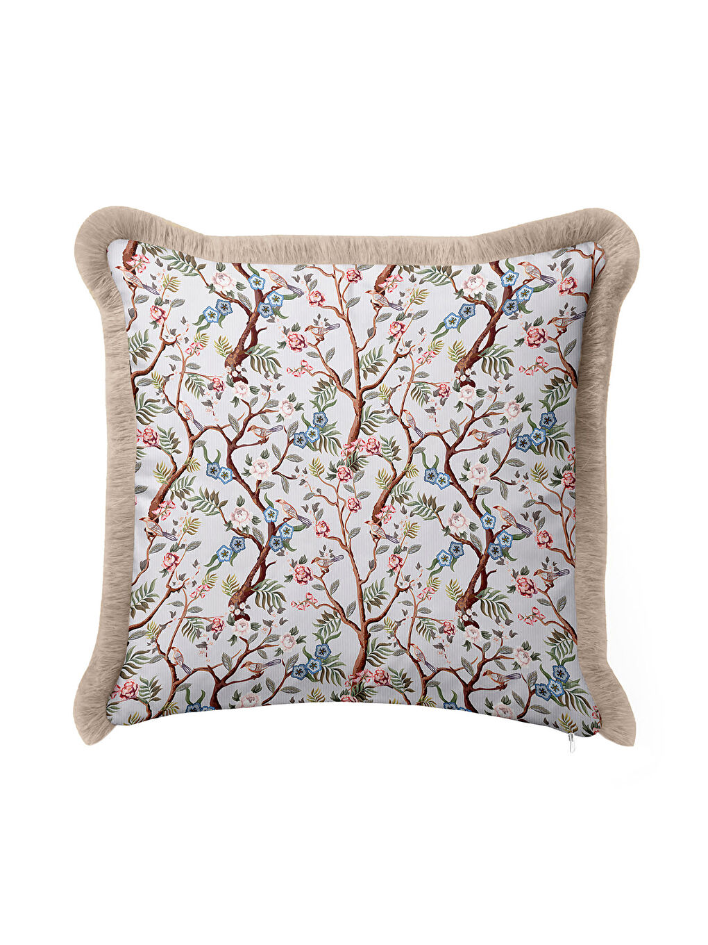 Karışık Çiçekli Kuş Motifli Saçaklı Yastık Kılıfı - Vintage Doğa Temalı Mavi Bej Püsküllü Kırlent Kılıfı-4