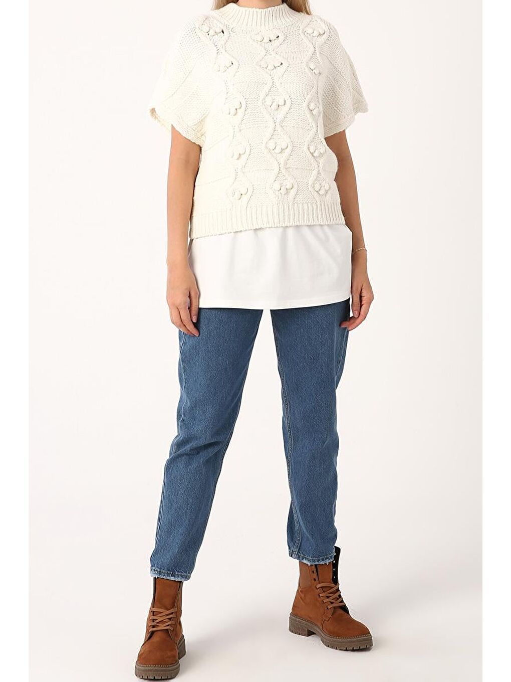 Ekru Pamuklu Penye Kısa İçlik Etek-1