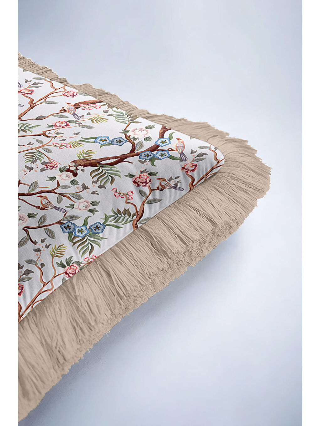 Karışık Çiçekli Kuş Motifli Saçaklı Yastık Kılıfı - Vintage Doğa Temalı Mavi Bej Püsküllü Kırlent Kılıfı-6