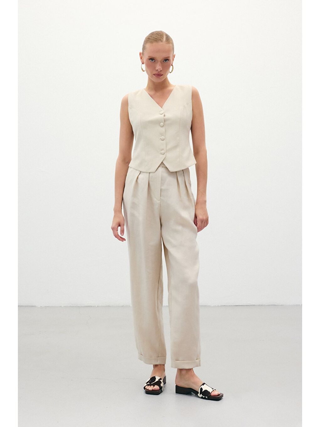 Bej Salaş Keten Pantolon - Taş