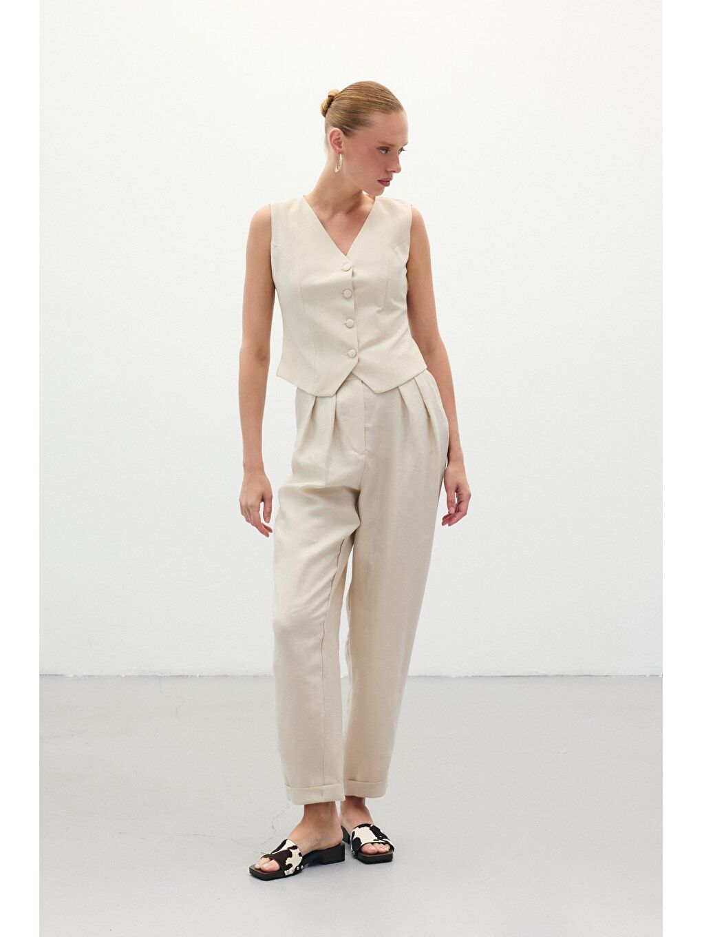 Bej Salaş Keten Pantolon - Taş-1