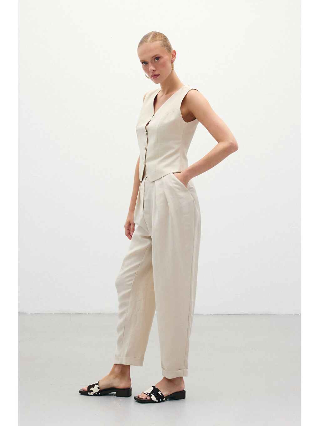 Bej Salaş Keten Pantolon - Taş-2