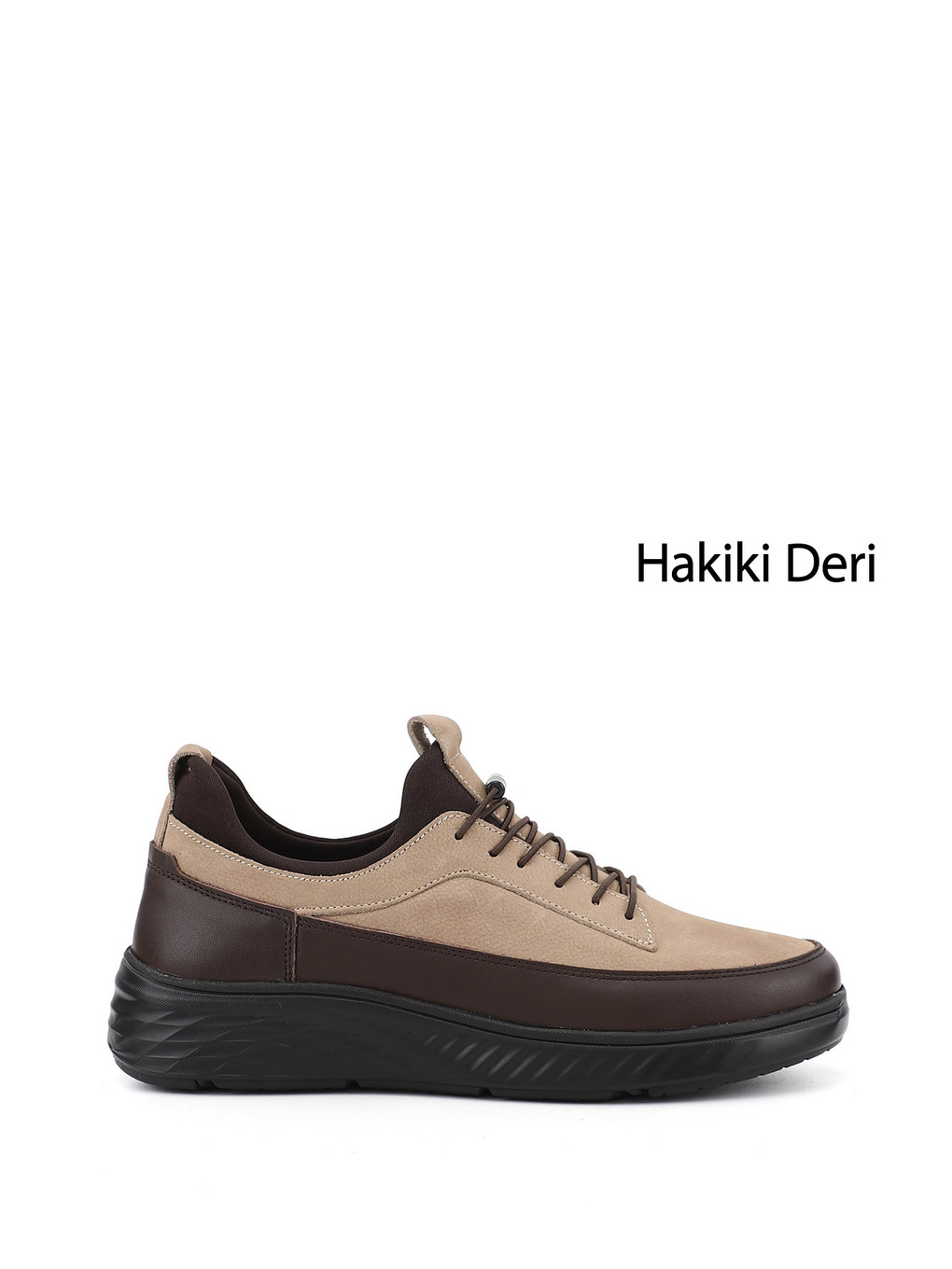 Ekru Erkek Kum-siyah Bağcıklı Hakiki Deri Sneaker