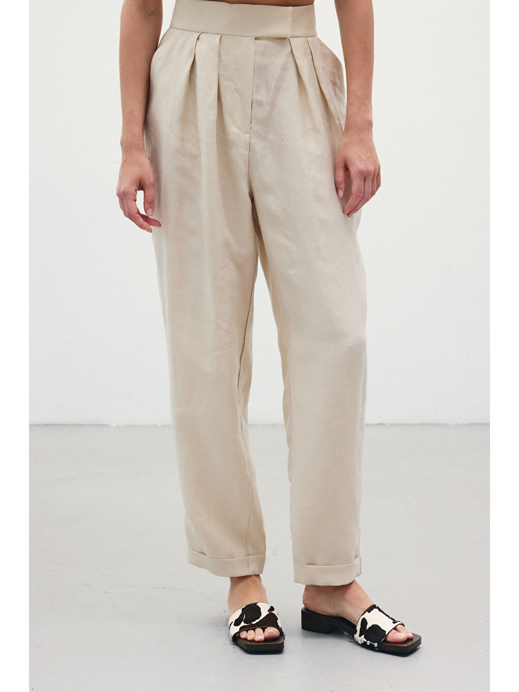 Bej Salaş Keten Pantolon - Taş-4
