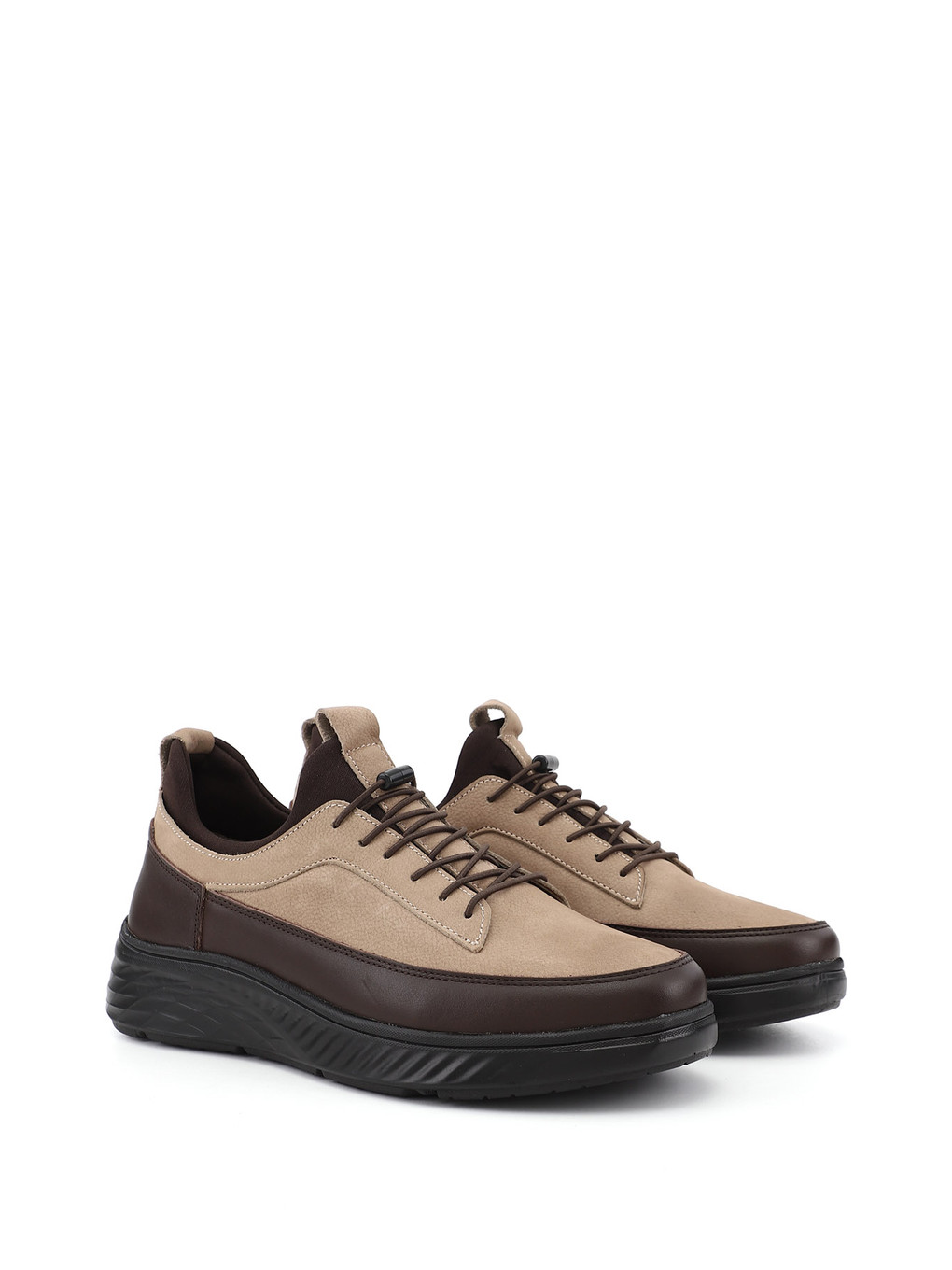 Ekru Erkek Kum-siyah Bağcıklı Hakiki Deri Sneaker-1