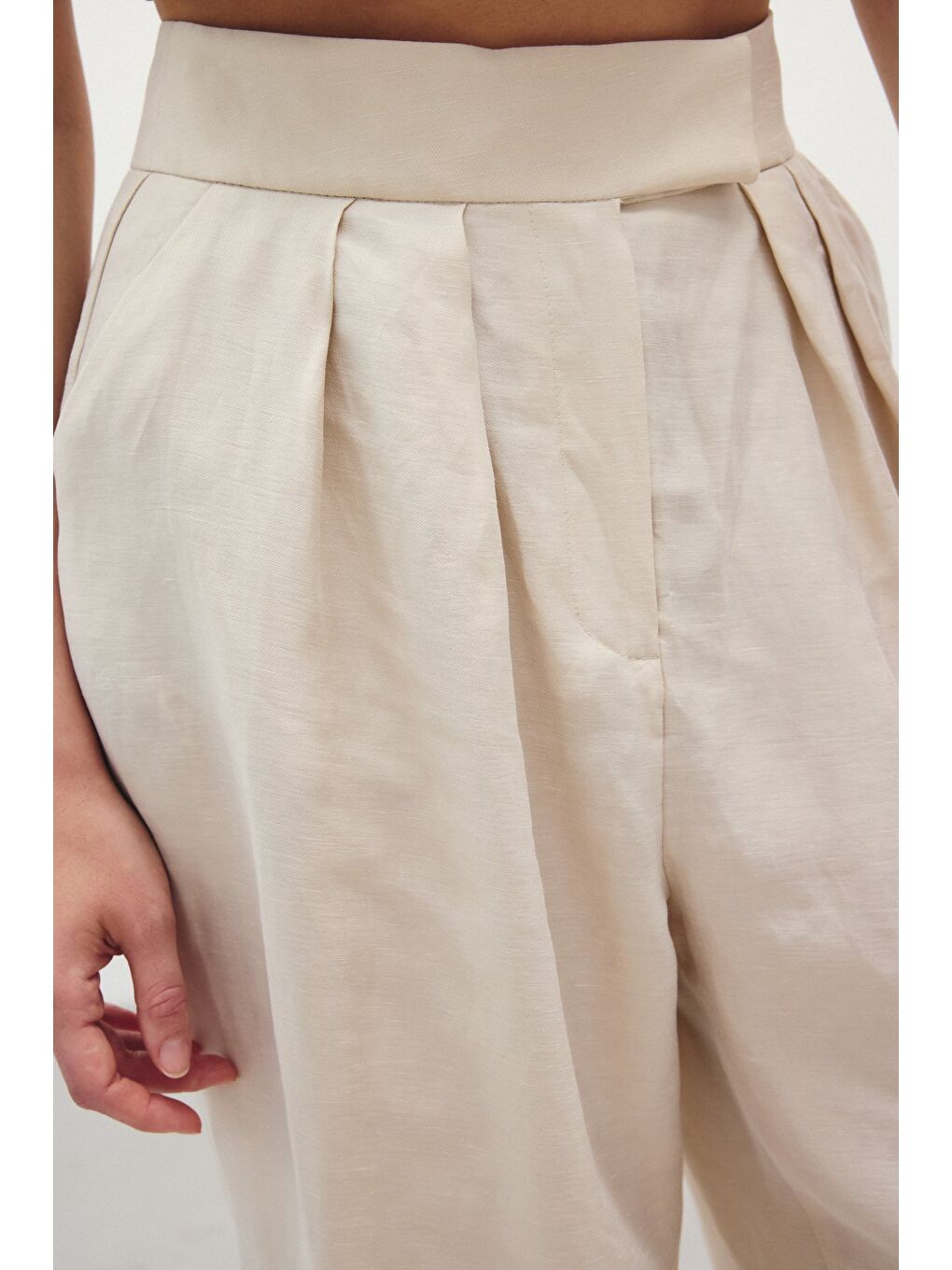 Bej Salaş Keten Pantolon - Taş-5