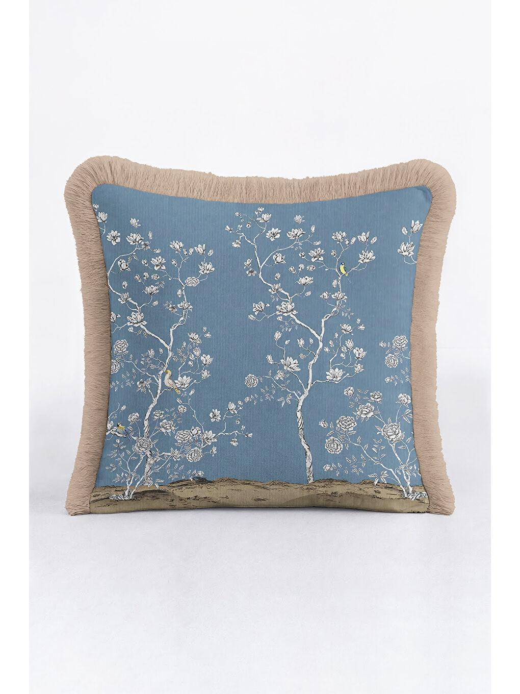 Karışık Çiçekli Bahar Şıklığı Saçaklı Yastık Kılıfı - Doğa Esintili Klasik Mavi Bej Püsküllü Kırlent Kılıfı-1