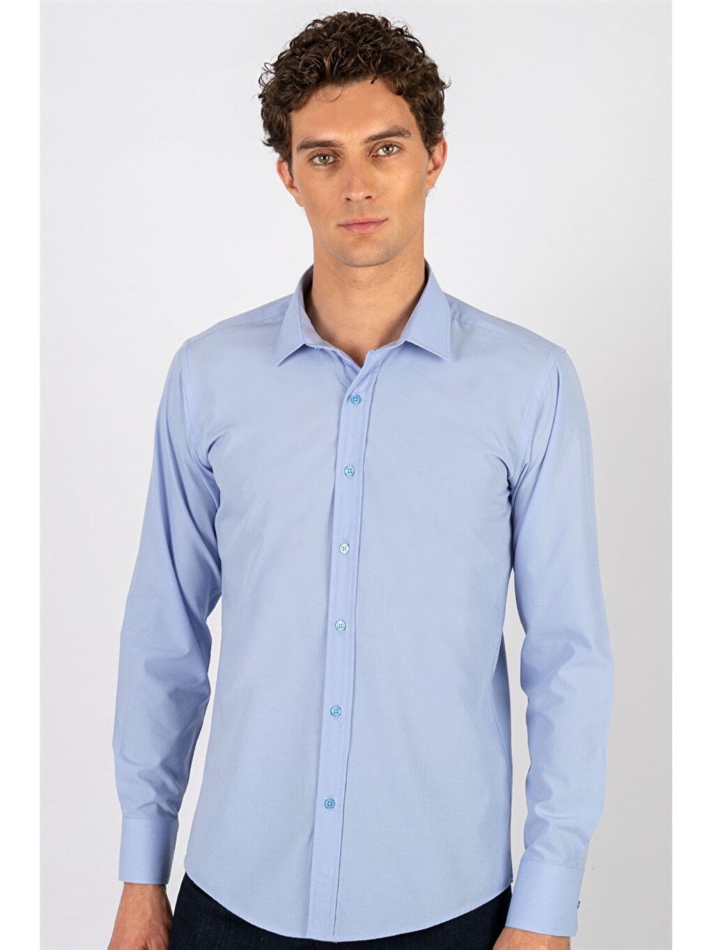 Modern Slim Fit Uzun Kollu Pamuklu Kolay Ütü Erkek Mavi Gömlek-1