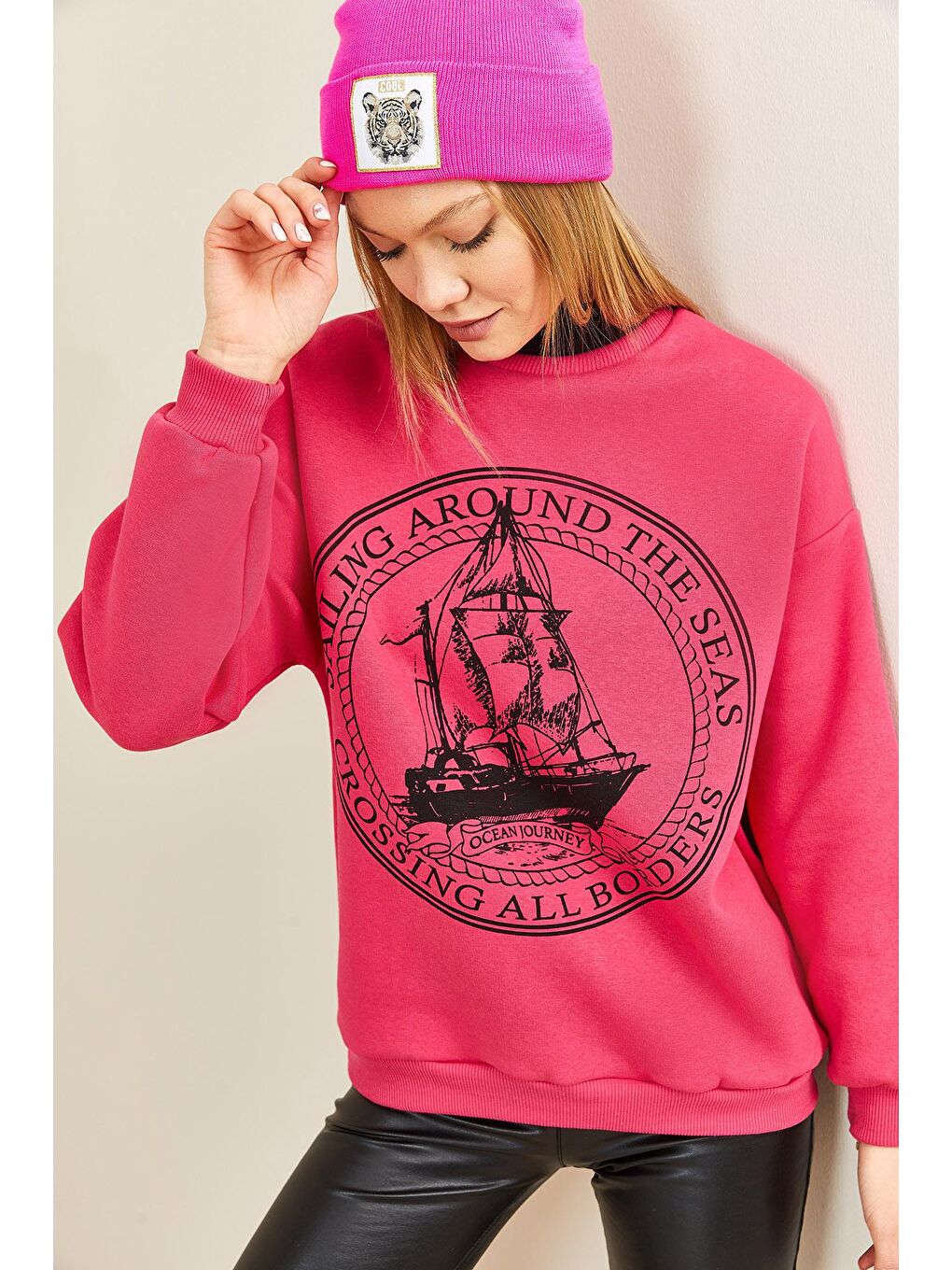 Fuşya Bisiklet Yaka Şardonlu Sweatshirt 3KXK8-46637-07
