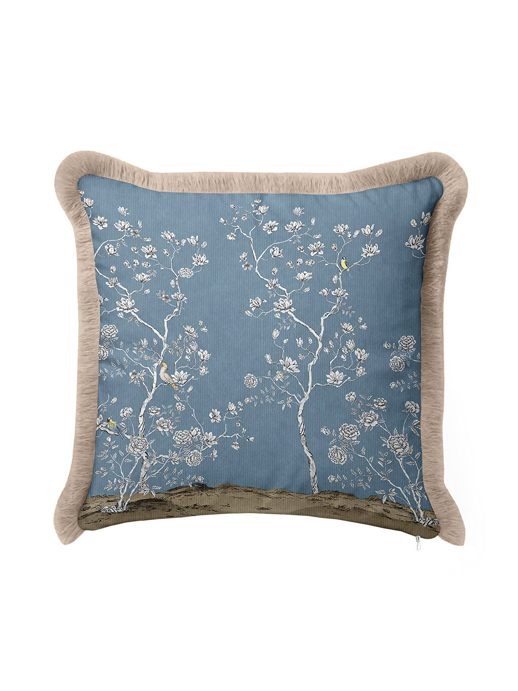 Karışık Çiçekli Bahar Şıklığı Saçaklı Yastık Kılıfı - Doğa Esintili Klasik Mavi Bej Püsküllü Kırlent Kılıfı-4