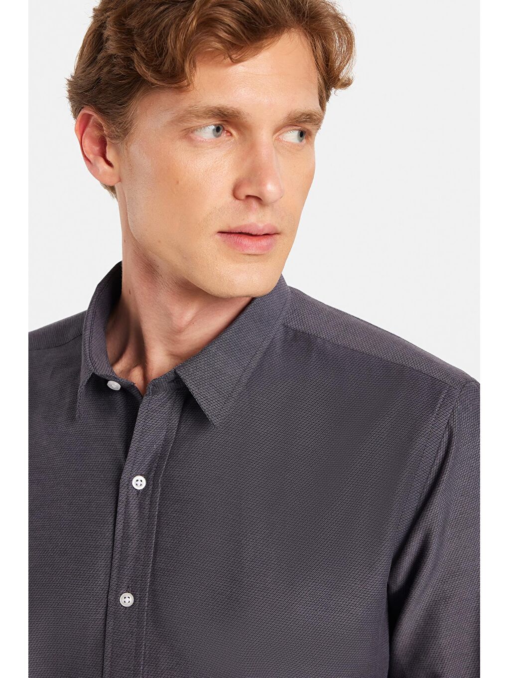 Gri Modern Slim Fit Uzun Kollu Pamuklu Kolay Ütü Armürlü Erkek Füme Gömlek